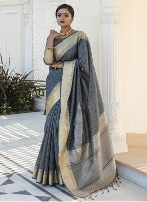 Grey Tussar Silk Designer Traditional Saree