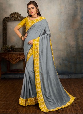Grey Vichitra Silk Traditional Saree