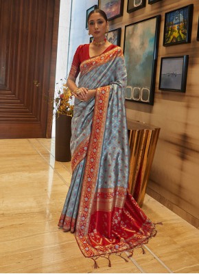 Grey Weaving Art Silk Traditional Designer Saree
