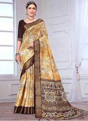 Groovy Banarasi Silk Brown and Gold Printed Trendy Saree