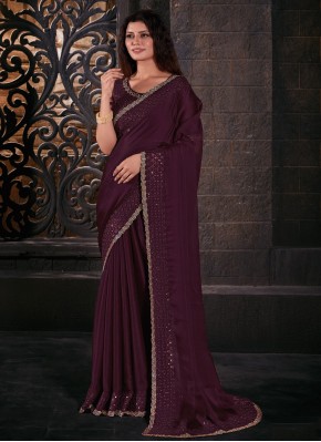 Groovy Chiffon Satin Wine Embroidered Contemporary