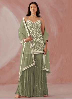 Groovy Faux Georgette Embroidered Green Salwar Sui