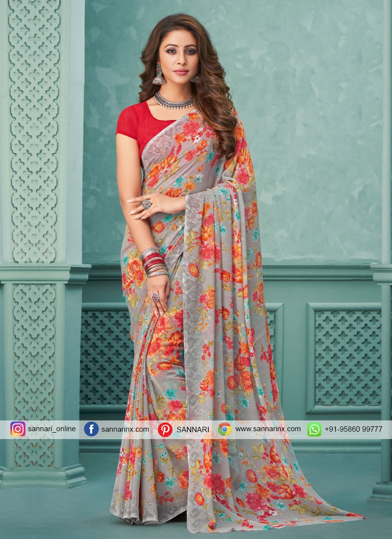 Groovy Floral Print Georgette Contemporary Saree