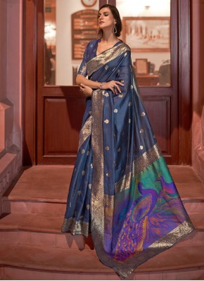 Handloom silk Blue Weaving Classic Designer Saree