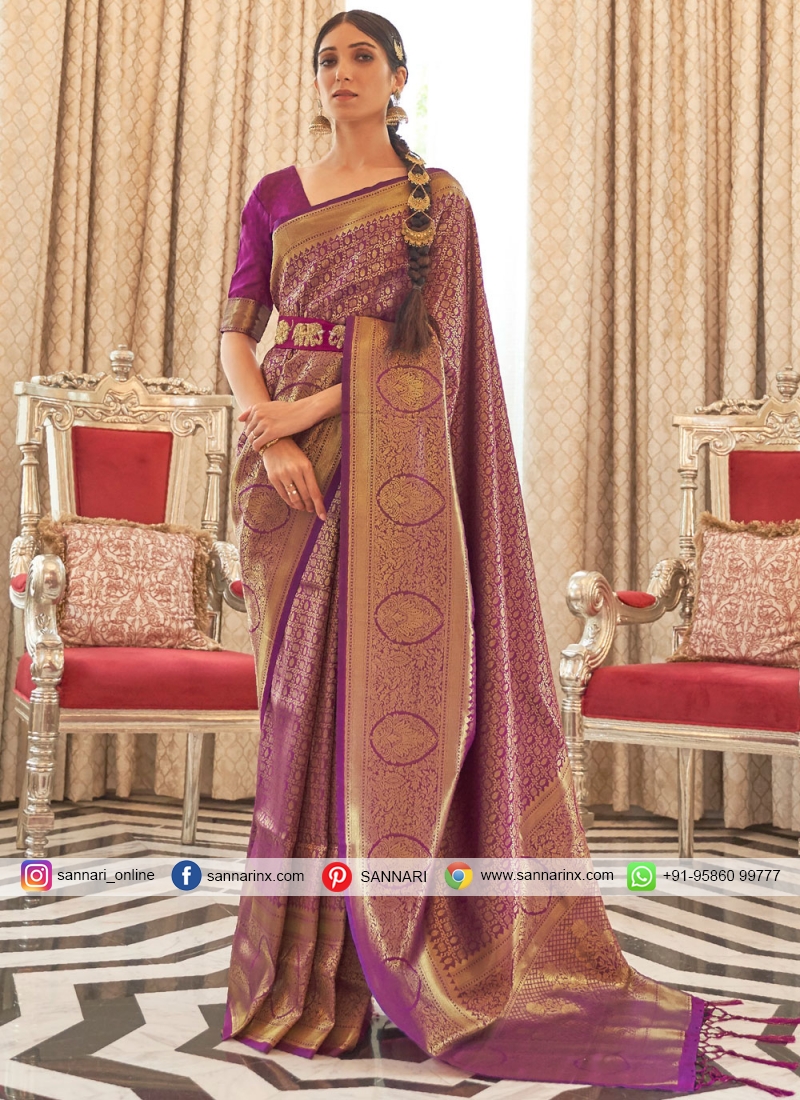 Handloom silk Purple Weaving Traditional Designer Saree