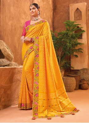 Handwork Banarasi Silk Trendy Saree in Yellow