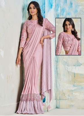 Handwork Satin Silk Classic Saree in Rose Pink