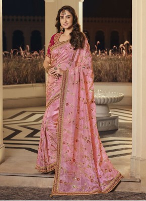 Haute Embroidered Fancy Fabric Pink Contemporary Saree