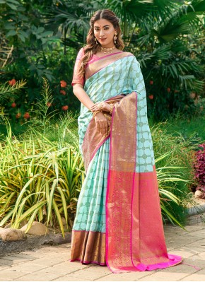 Haute Weaving Banarasi Silk Turquoise Classic Saree