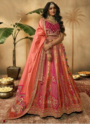 Heavenly Banarasi Silk Resham Peach and Pink Designer Lehenga Choli