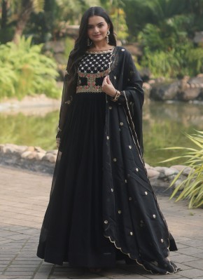 Heavenly Faux Georgette Black Embroidered Gown