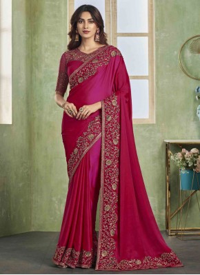 Hot Pink Border Engagement Contemporary Style Saree