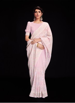 Hypnotizing Rose Pink Lucknowi work Georgette Trendy Saree