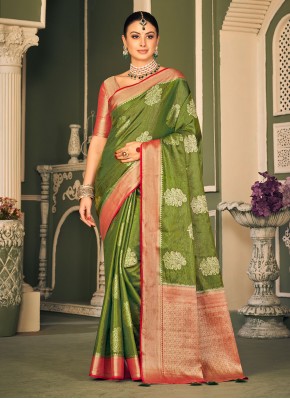 Immaculate Weaving Green Tissue Trendy Saree