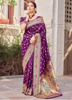 Impeccable Banarasi Silk Purple Weaving Designer Traditional Saree