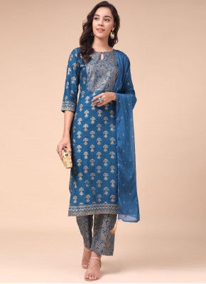 Impeccable Foil Print Blue Readymade Salwar Suit 