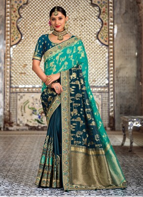 Impeccable Teal and Turquoise Weaving Shaded Saree
