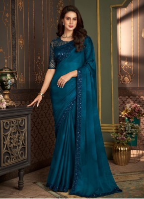 Imperial Chiffon Blue Embroidered Contemporary Saree