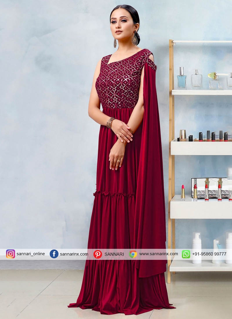 Imported Maroon Sequins Designer Gown