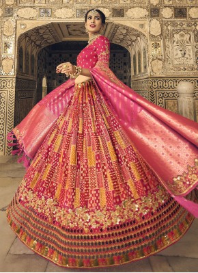 Imposing Banarasi Silk Embroidered Pink Lehenga Choli
