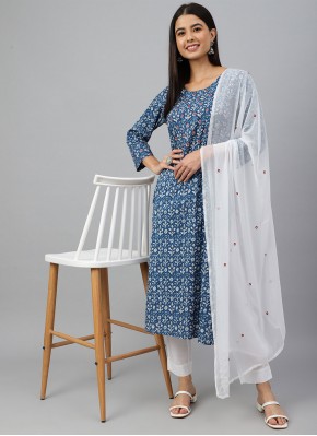 Imposing Cotton Embroidered Blue Readymade Salwar Kameez