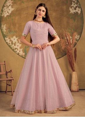Impressive Pink Foil Print Net Designer Gown