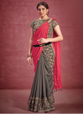 Incredible Grey and Pink Embroidered Silk Classic Saree