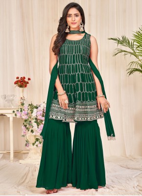 Intricate Embroidered Green Georgette Sharara Set
