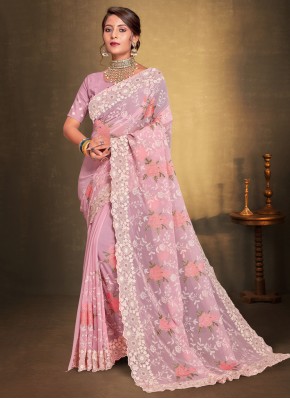 Intricate Georgette Resham Pink Contemporary Saree