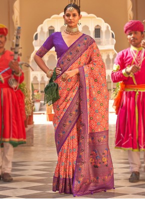 Intricate Silk Peach and Purple Weaving Contemporary Saree