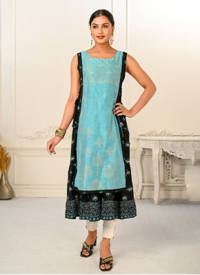 Intriguing Cotton Navy Blue Printed Party Wear Kurti