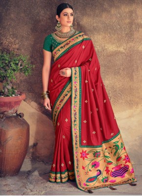 Intrinsic Embroidered Maroon Silk Traditional Designer Saree