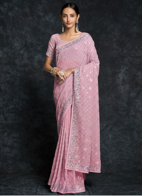 Invaluable Embroidered Pink Georgette Trendy Saree