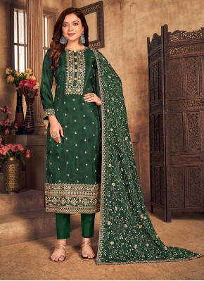 Invigorating Embroidered Viscose Green Pant Style Suit