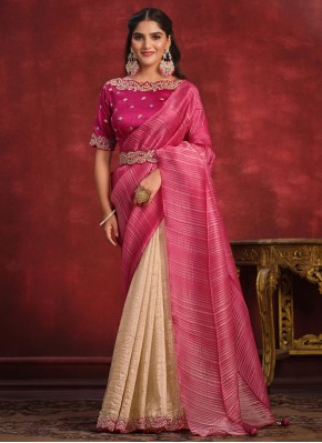 Irresistible Embroidered Beige and Pink Saree