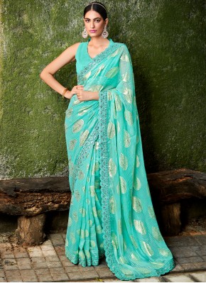 Jacquard Silk Turquoise Resham Contemporary Style 