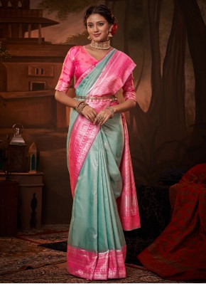 Kanchipuram Silk Blue and Pink Weaving Saree