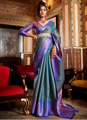 Kanjivaram Silk Weaving Classic Saree in Blue and Turquoise