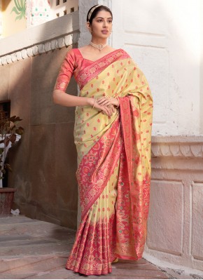 Kanjivaram Silk Weaving Cream Designer Traditional Saree