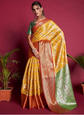 Kanjivaram Silk Woven Trendy Saree in Yellow