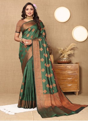Katan Silk Weaving Classic Saree in Green