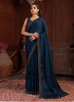 Lace Satin Silk Designer Traditional Saree in Navy Blue