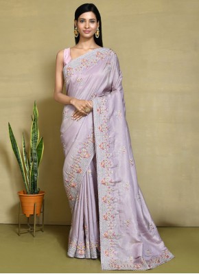 Lavender Satin Silk Embroidered Classic Saree