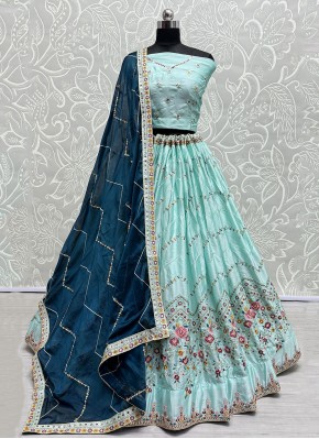 Lehenga Choli Thread Work Silk in Aqua Blue