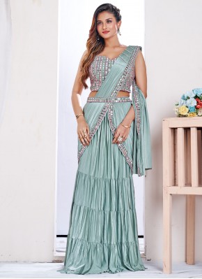 Lehenga Saree Embroidered Lycra in Green