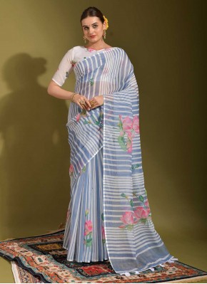 Linen Blue and White Classic Saree