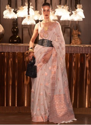 Linen Zari Classic Saree in Off White