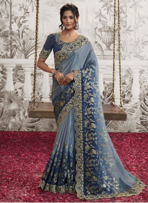 Lively Blue and Grey Embroidered Fancy Fabric Contemporary Saree