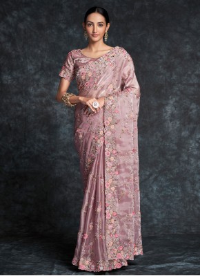 Lively Embroidered Organza Mauve  Classic Saree