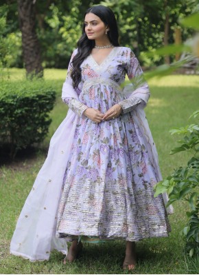 Lovable Embroidered Lavender Silk Designer Gown